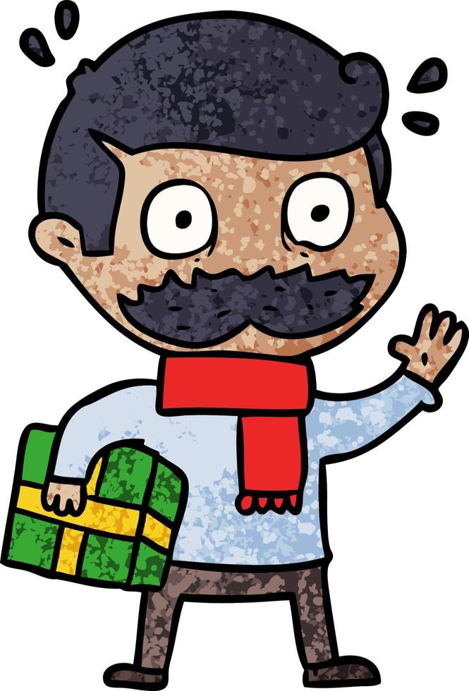 cartoon man with mustache and christmas present vector