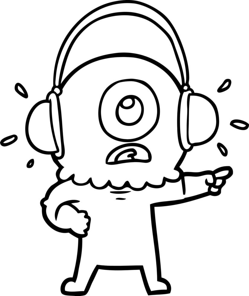 cartoon cyclops alien spaceman pointing wearing headphones vector