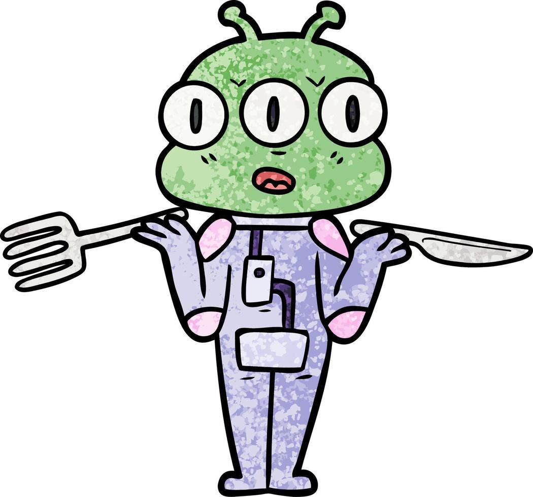 cartoon three eyed alien with knife and fork vector