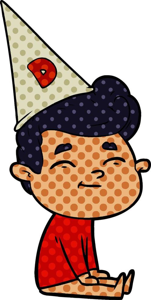 happy cartoon man sitting with dunce cap on head vector