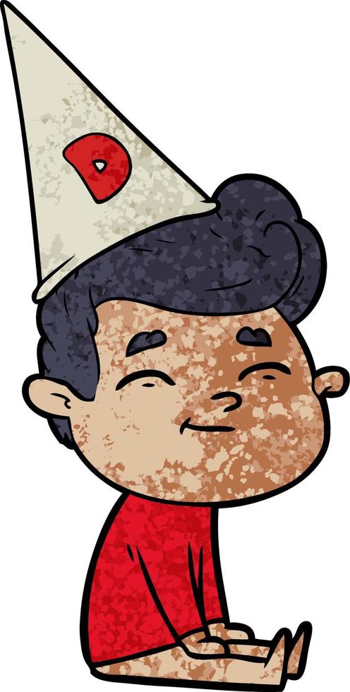 happy cartoon man sitting with dunce cap on head vector