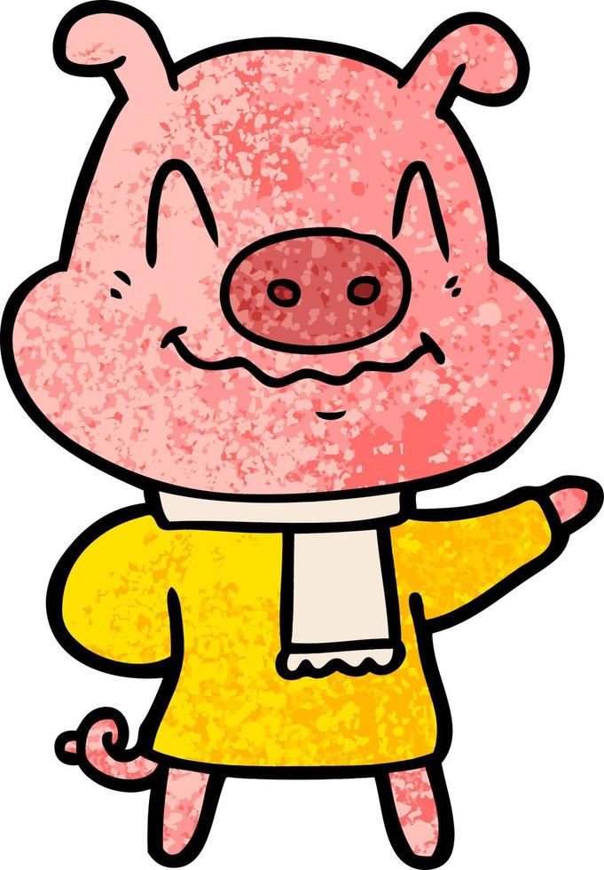 nervous cartoon pig wearing scarf vector