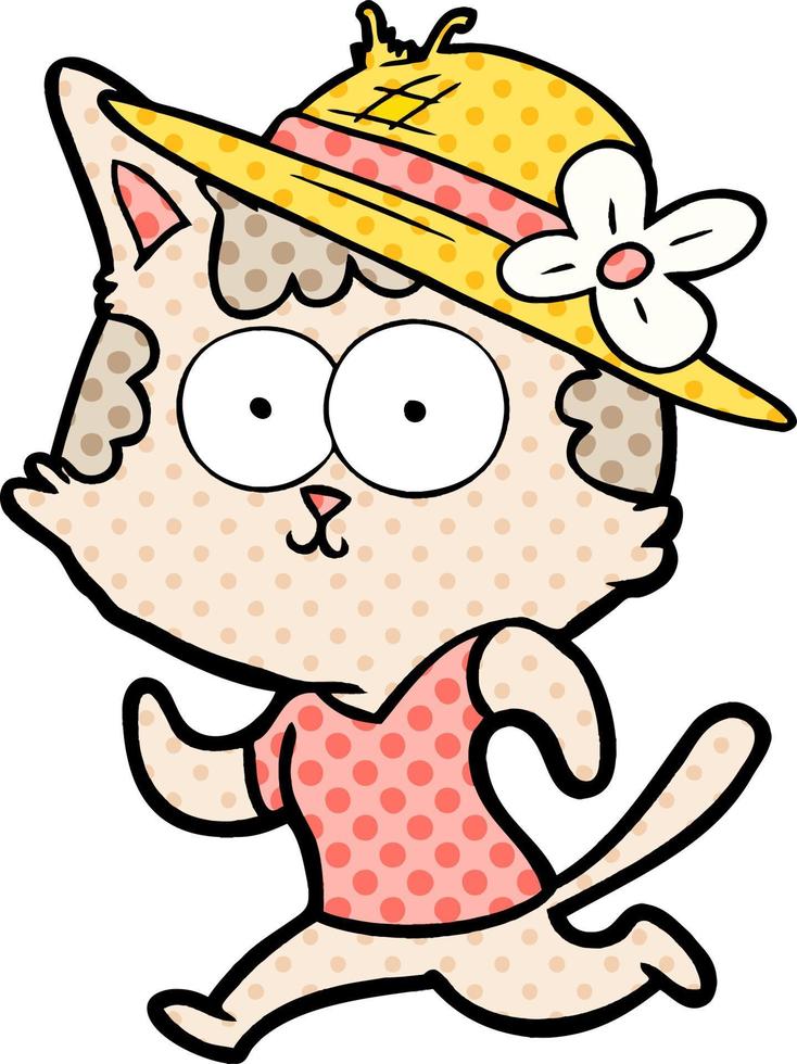 happy cartoon cat jogging in hat vector