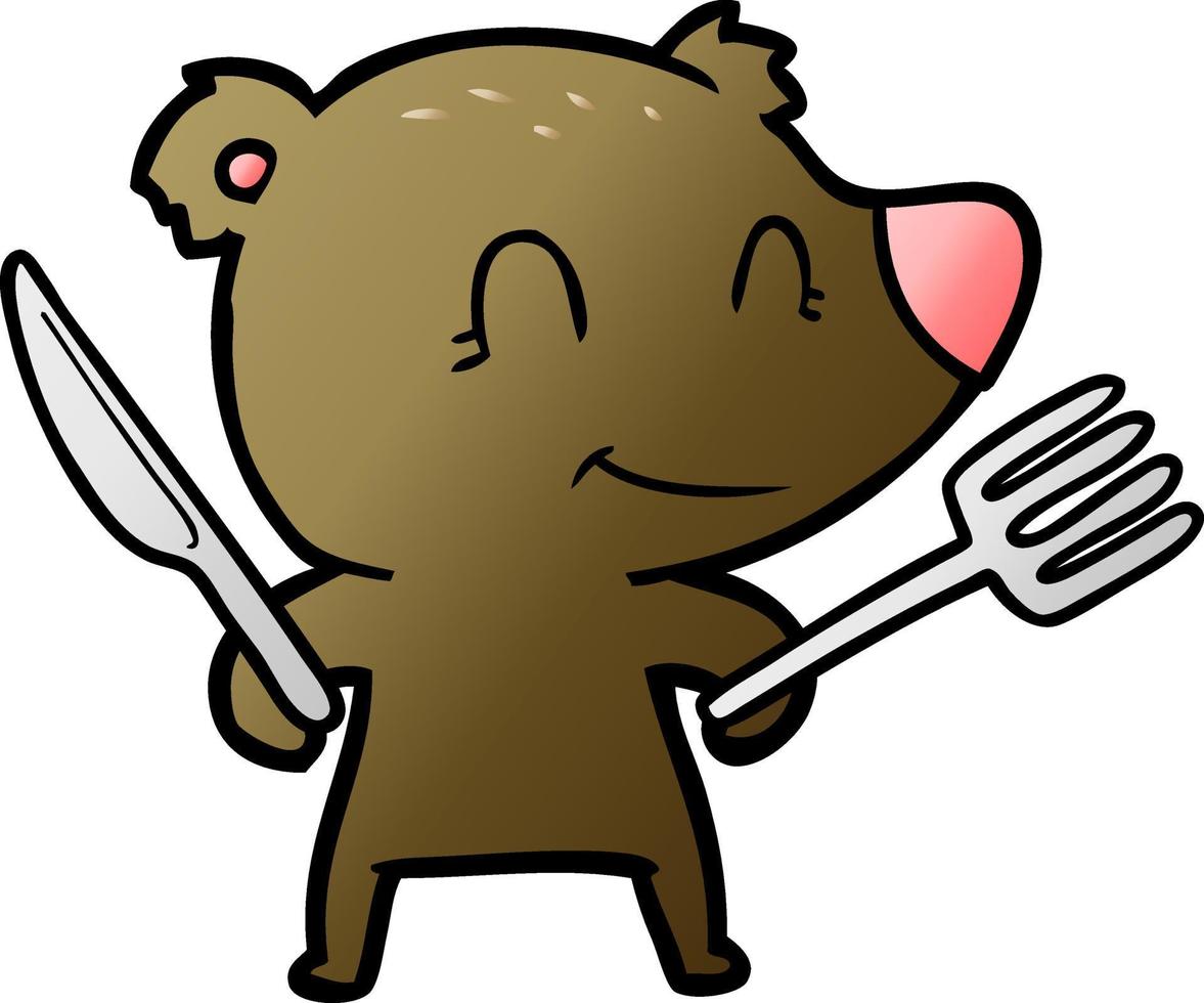 smiling bear cartoon with knife and fork vector