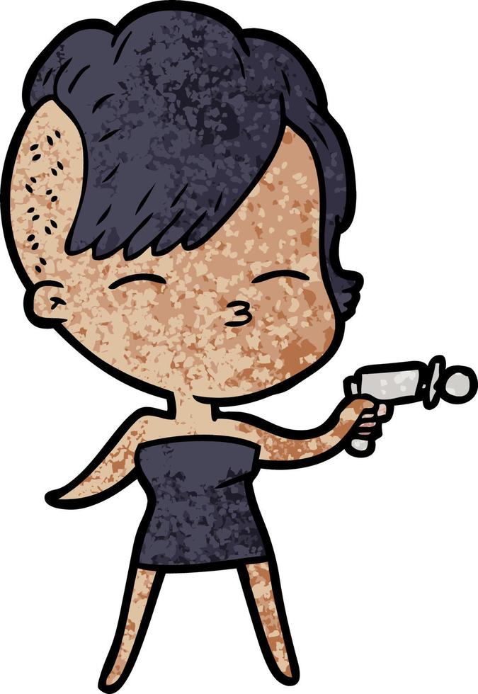 cartoon squinting girl pointing ray gun vector