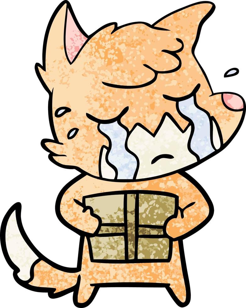 crying fox cartoon with parcel vector