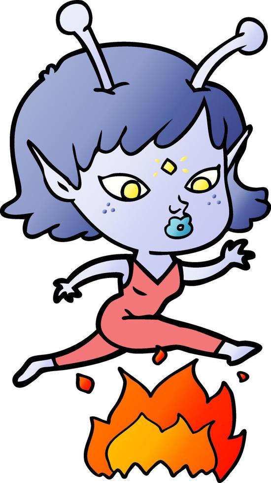 pretty cartoon alien girl jumping over fire vector