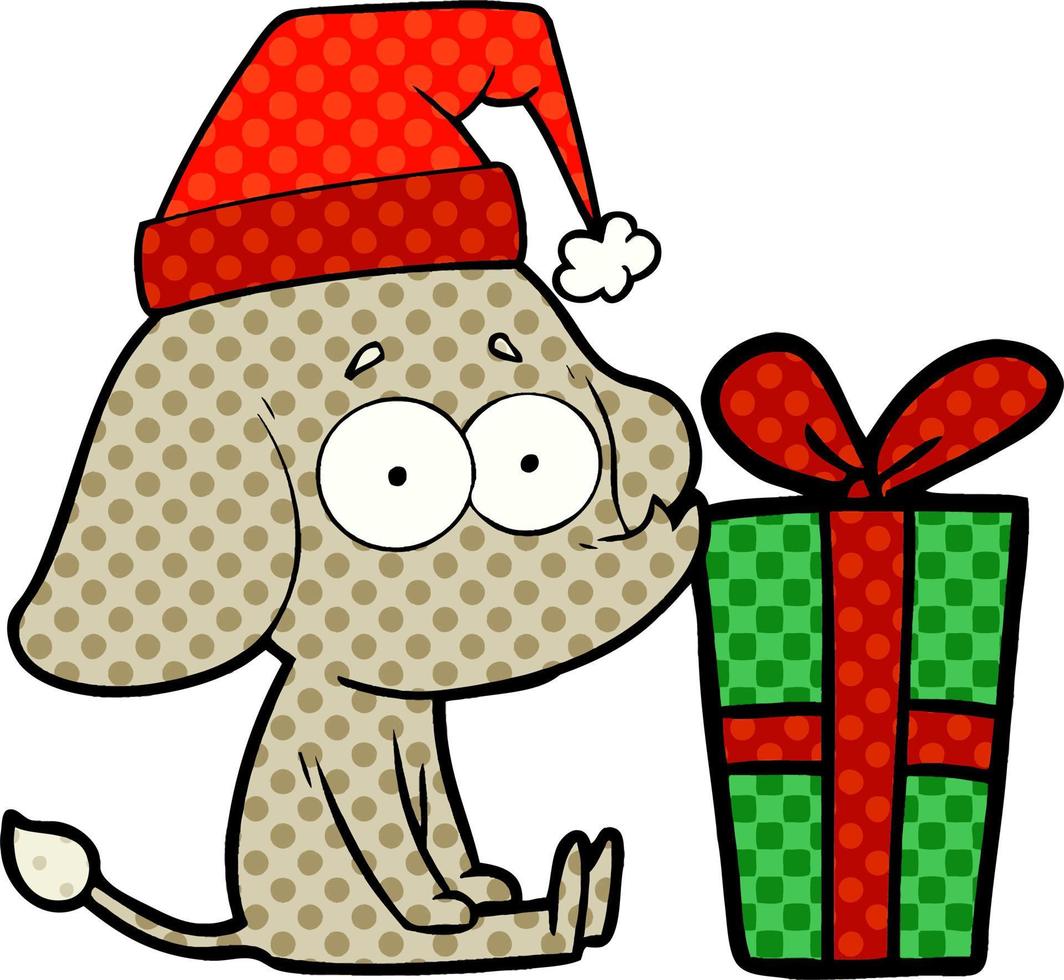 elefante inseguro de dibujos animados sentado en el piso con regalo de navidad vector