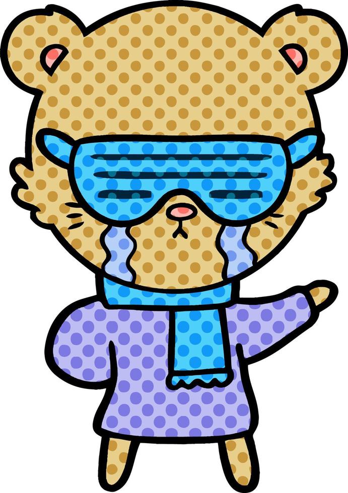 crying cartoon bear wearing rave sunglasses vector