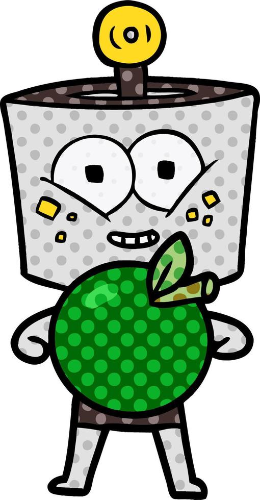 robot de dibujos animados feliz con manzana vector