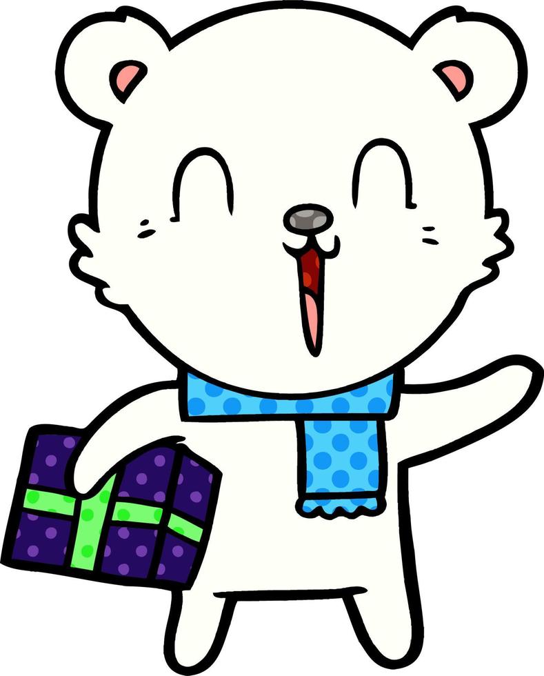 oso polar con dibujos animados de regalo de navidad vector