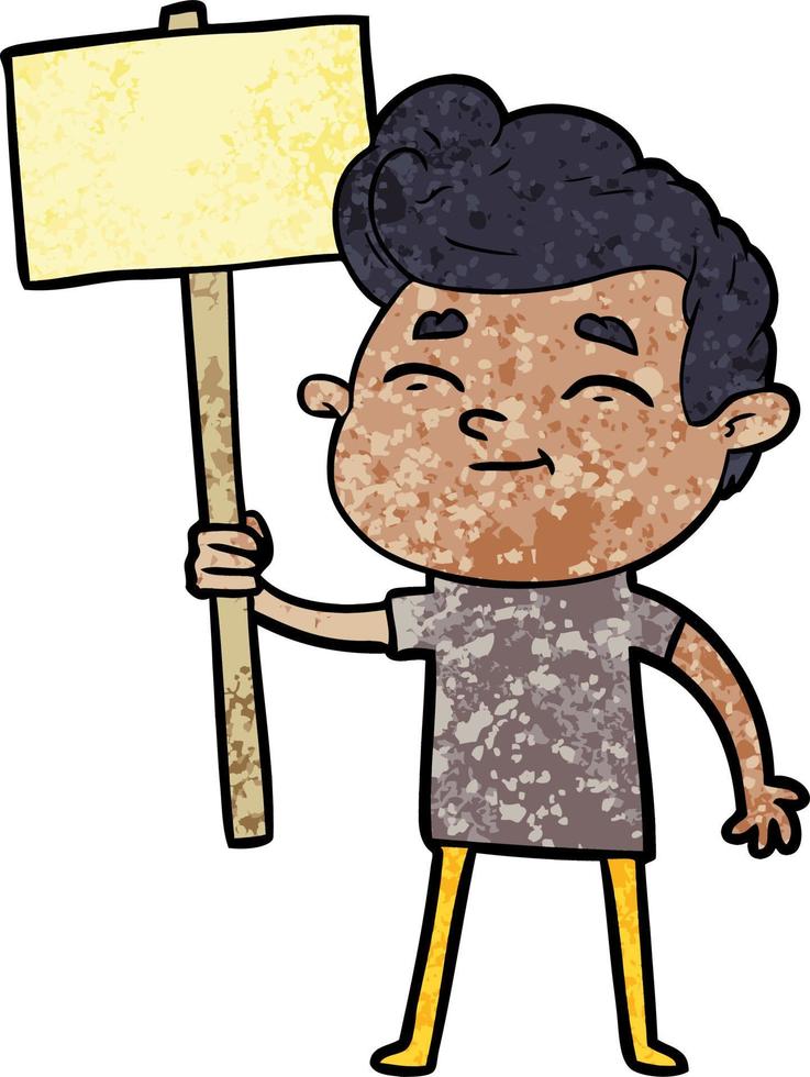 hombre de dibujos animados feliz con signo vector