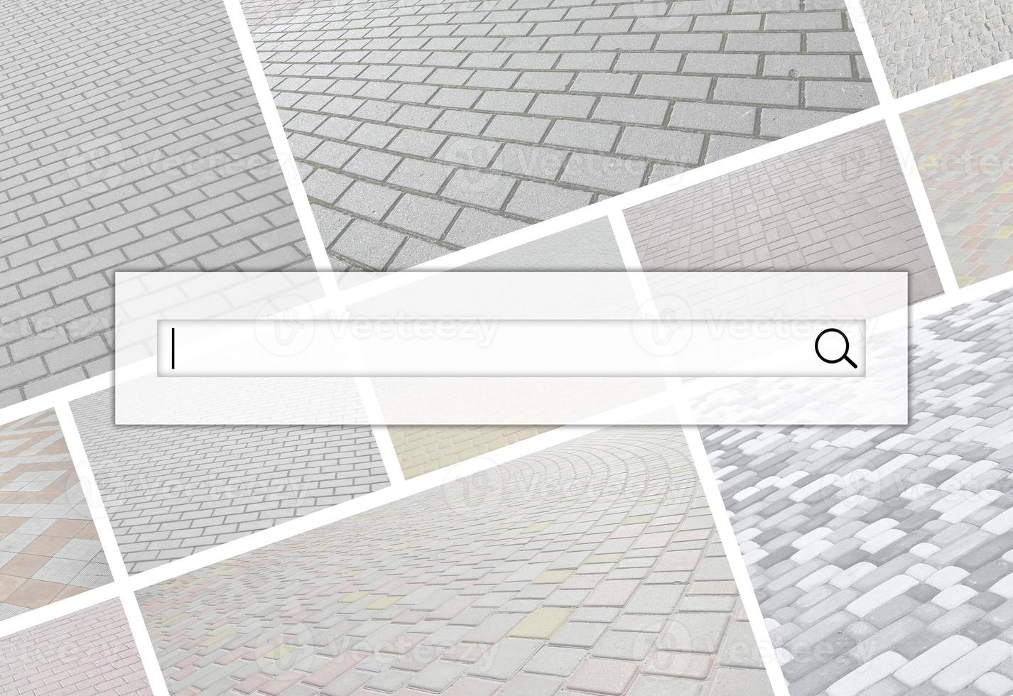 Visualization of the search bar on the background of a collage of many pictures with fragments of paving tiles close-up. Set of images with pavement stone photo