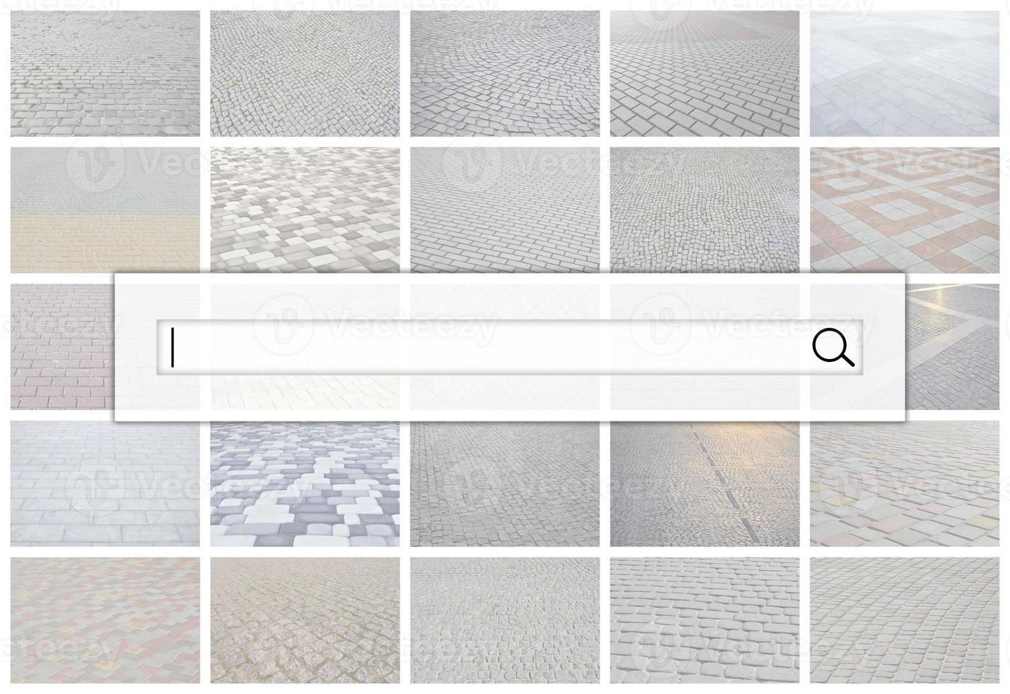 Visualization of the search bar on the background of a collage of many pictures with fragments of paving tiles close-up. Set of images with pavement stone photo