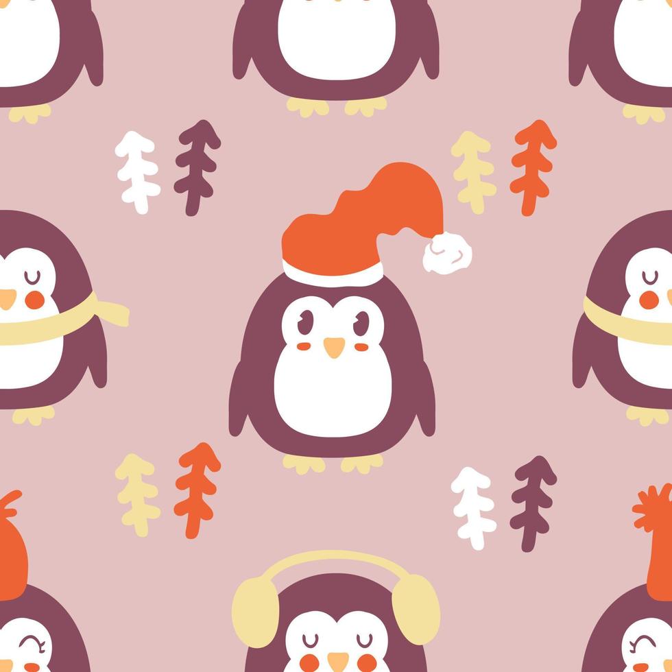 Winter penguins with christmas trees seamless pattern. vector