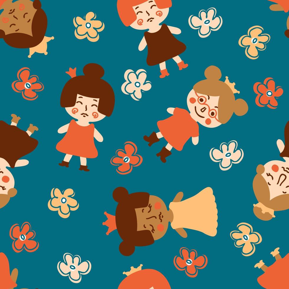 Cute seamless pattern with princess and flowers. vector