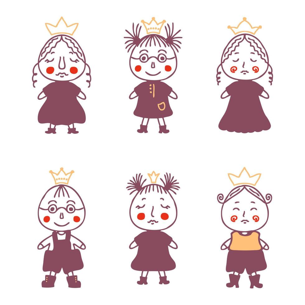 Cute little princes and princesses doodle collection. vector