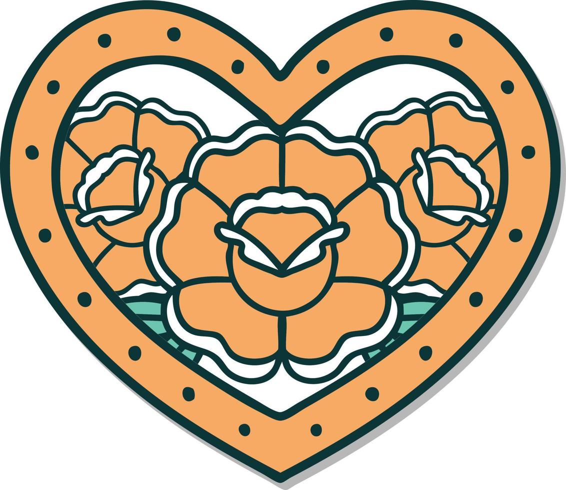 pegatina de tatuaje al estilo tradicional de un corazón y flores vector