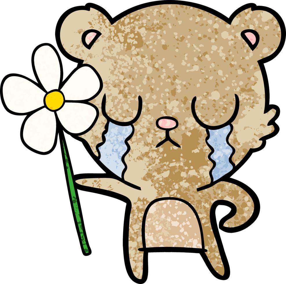 crying cartoon bear with flower vector