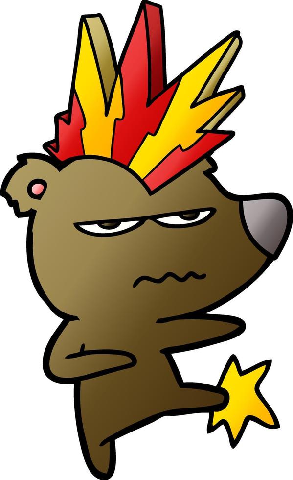 enojado, punk, oso, caricatura, patear vector