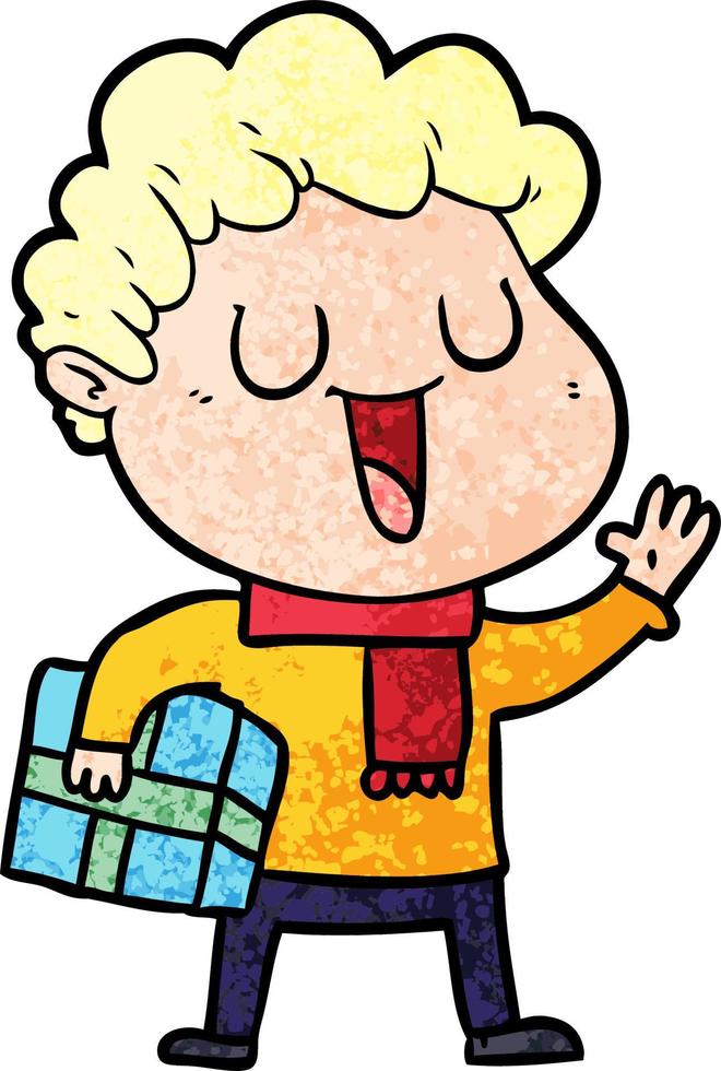 laughing cartoon man with present vector