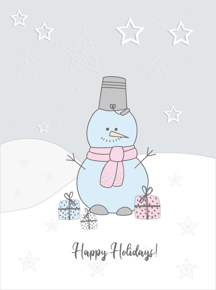 New Year's card of 2021. Cute snowman in a scarf illustration. Winter hand drawn card. winter holiday vector