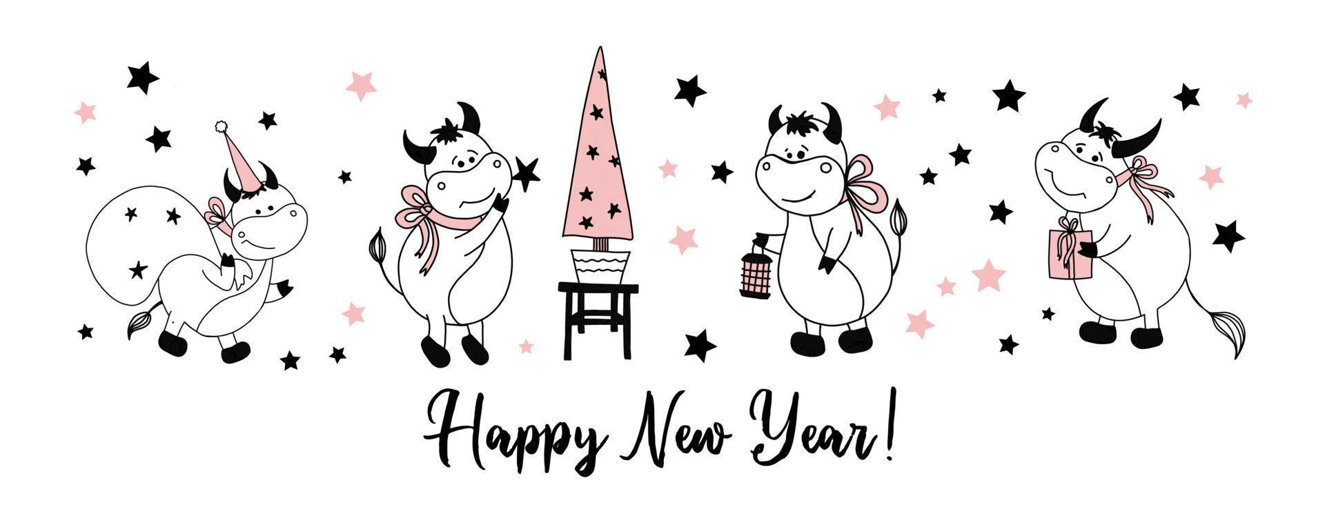 Happy New Year. Postcard horizontal with bulls or oxen. Ox character. Simple cow drawing vector