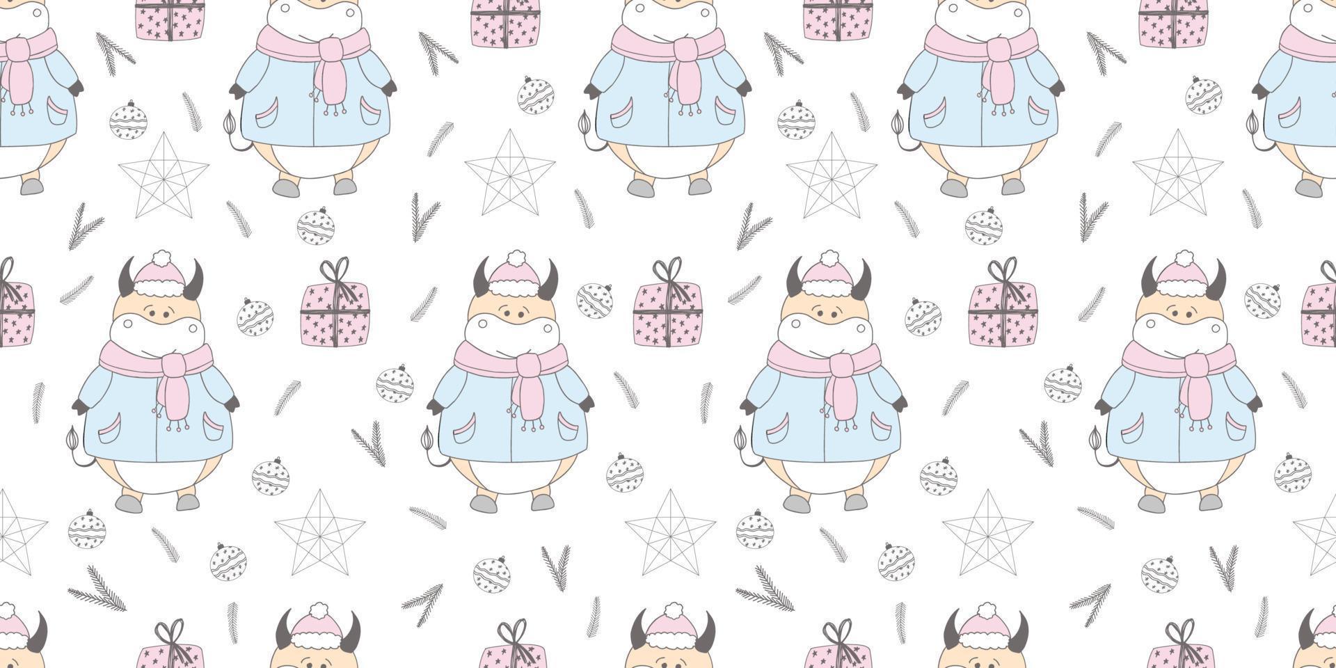 New Year pattern with a bull. Ox symbol of 2021. Funny ox illustration. Wrapping paper, christmas textile design. vector