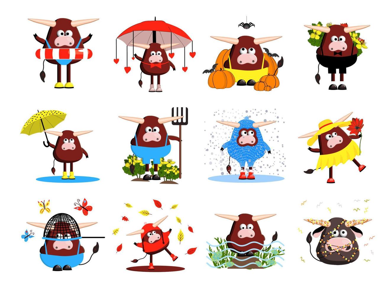 set of bulls characters. 12 bulls, oxen and cows. Funny cute animals. clipart free on a white background. Vector illustration of the symbol of 2021.