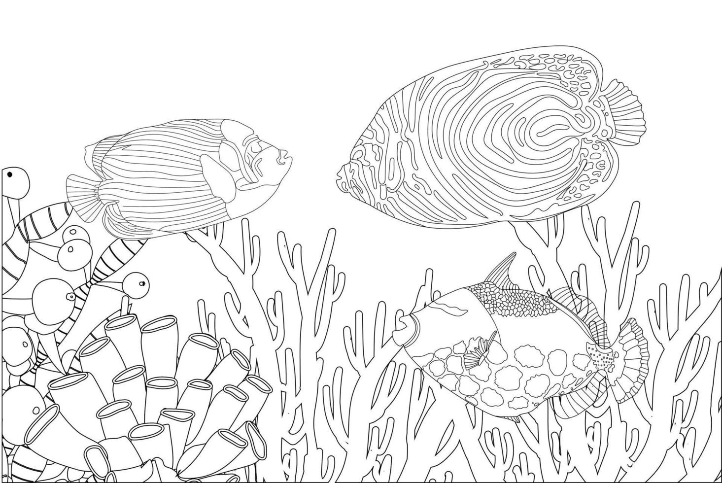 colorante exótico de pescado. página para colorear antiestrés. criaturas del mar. peces de mar ilustración vectorial vector