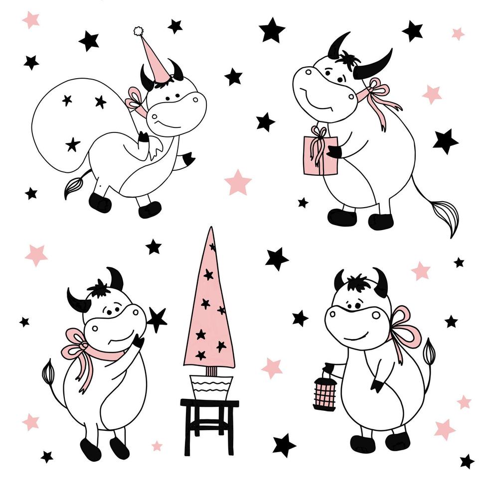 símbolo de toro de 2021. personaje bisonte o vaca. buey lindo divertido sobre un fondo blanco. ilustraciones navideñas. vector