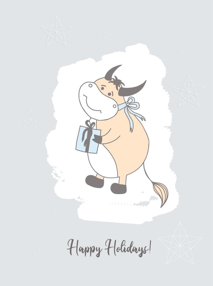 año del toro. divertidos personajes de toros. lindo buey en ropa. símbolo de 2021. tarjeta de navidad vector