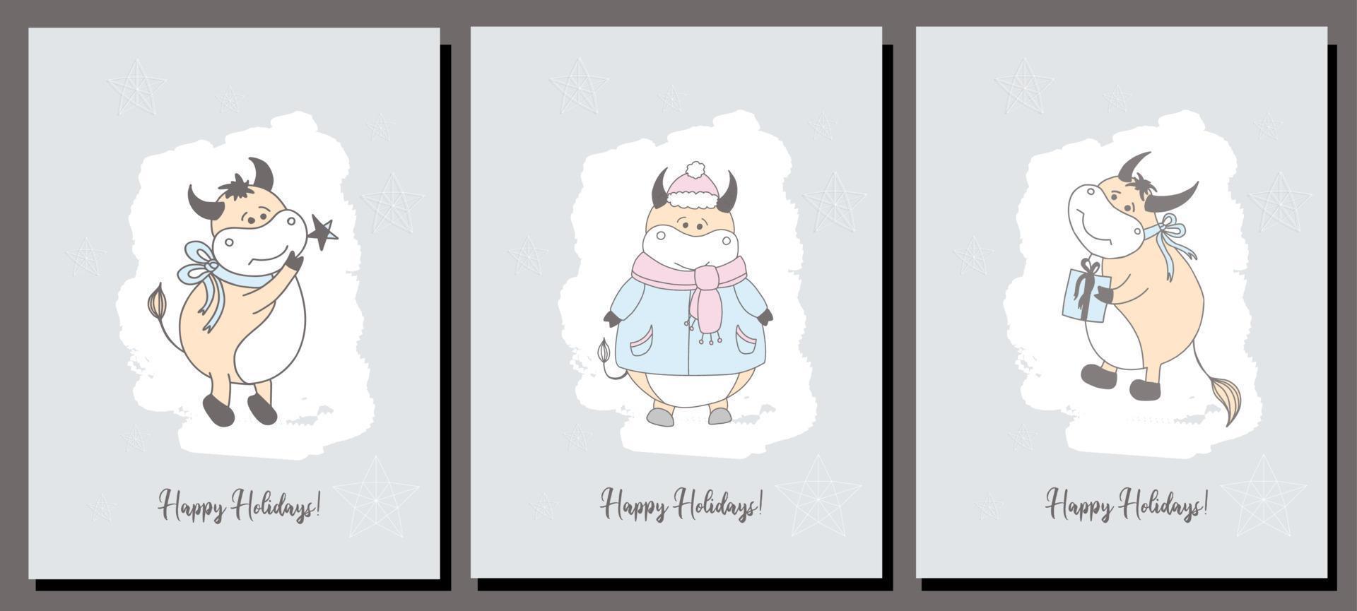 Vector set of holiday cards. Christmas card. Year of the bull postcard. Poster. Ox character....