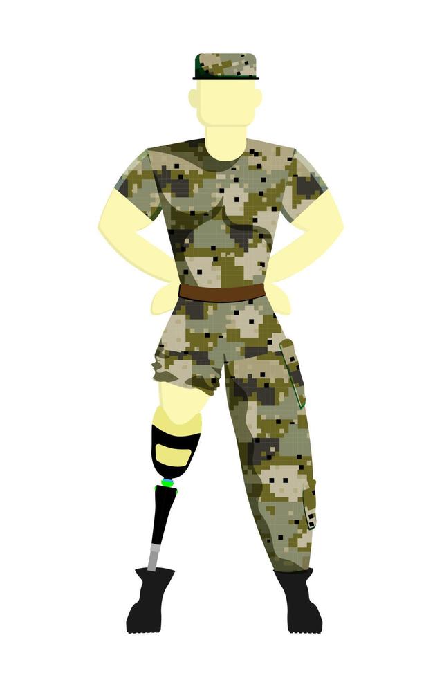 soldado en una prótesis en uniforme militar. discapacitado con una prótesis. prótesis ilustración vectorial de un militar. vector