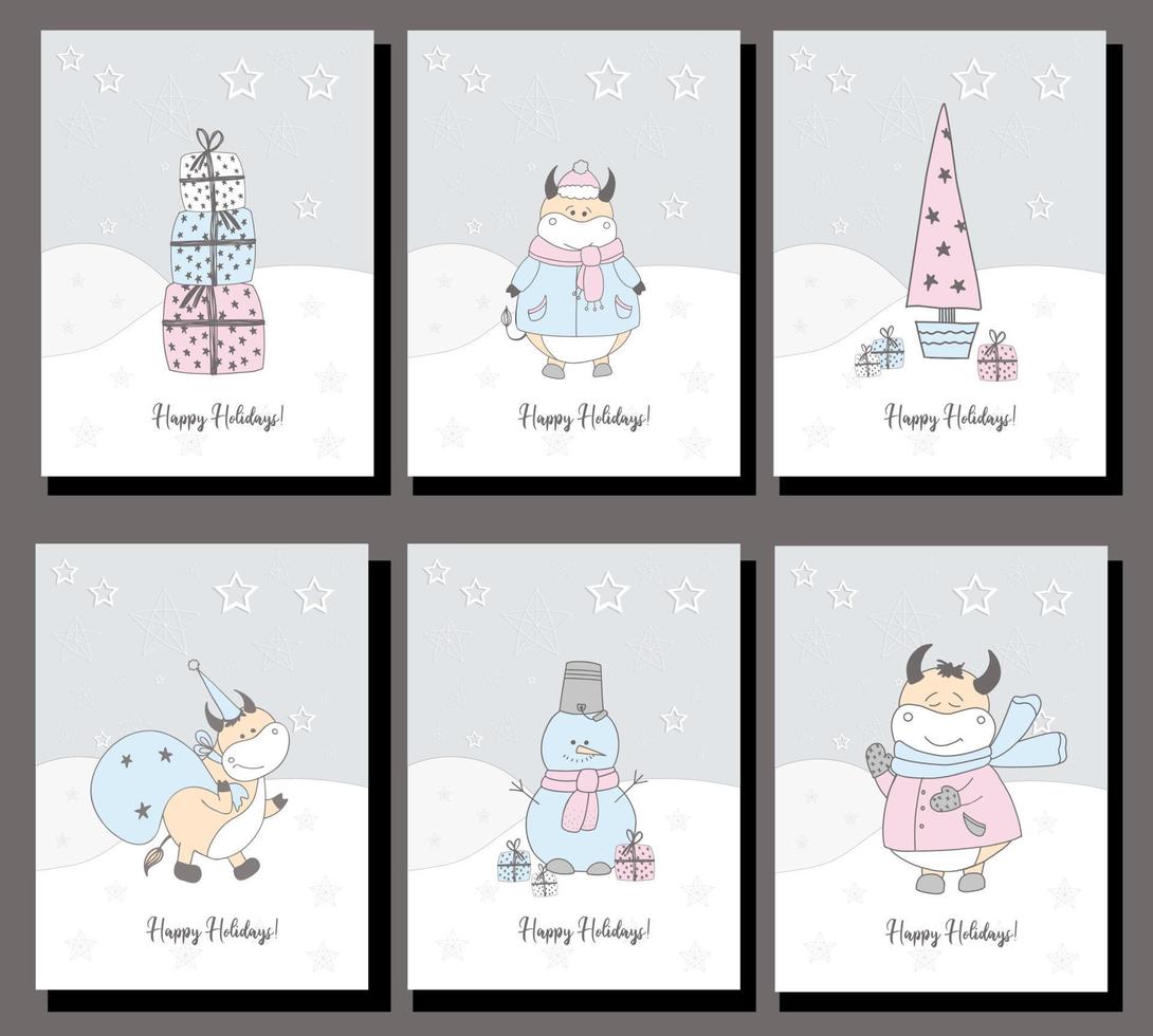 felices vacaciones. 2021 símbolo del año del buey. conjunto de seis tarjetas de navidad. toros de año nuevo. colores pastel delicados. vector