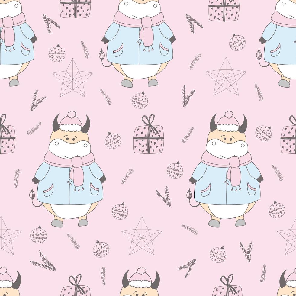 2021 symbol of the year. ox. Christmas pattern. Bulls in the snow. Design for wrapping paper, fabric and clothing. Pastel delicate colors. vector