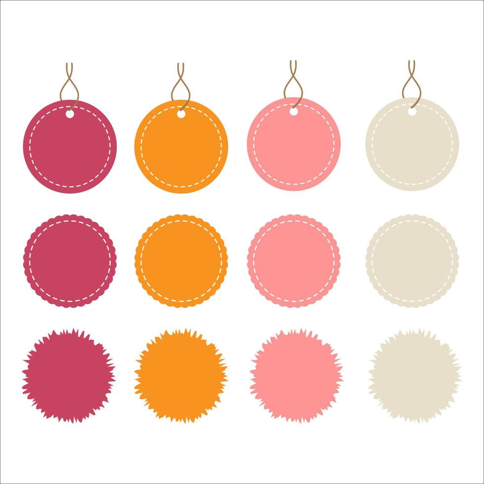 A set of vector flat tags circle and grunge design with linen string tying. Color label cards tied with knots and bow of realistic linen material cord illustration.