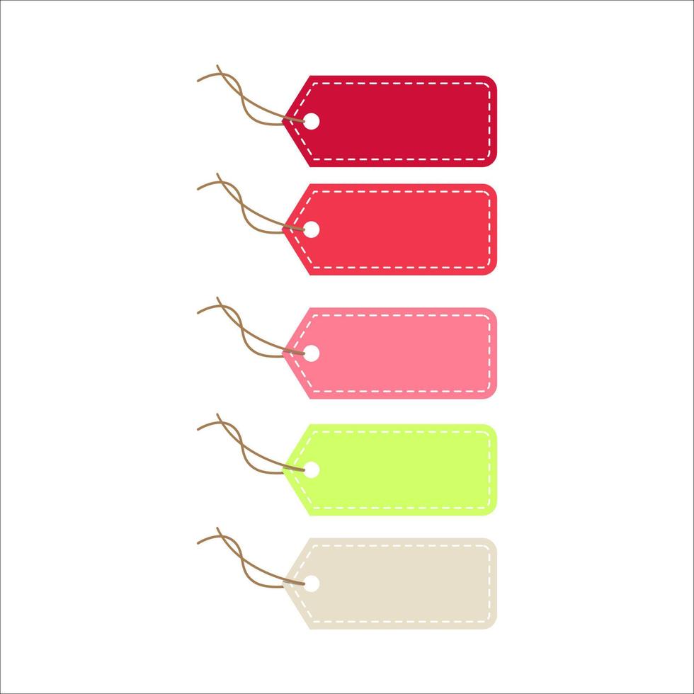 A set of vector flat tags design with linen string tying. Color label cards tied with knots and bow of realistic linen material cord illustration.