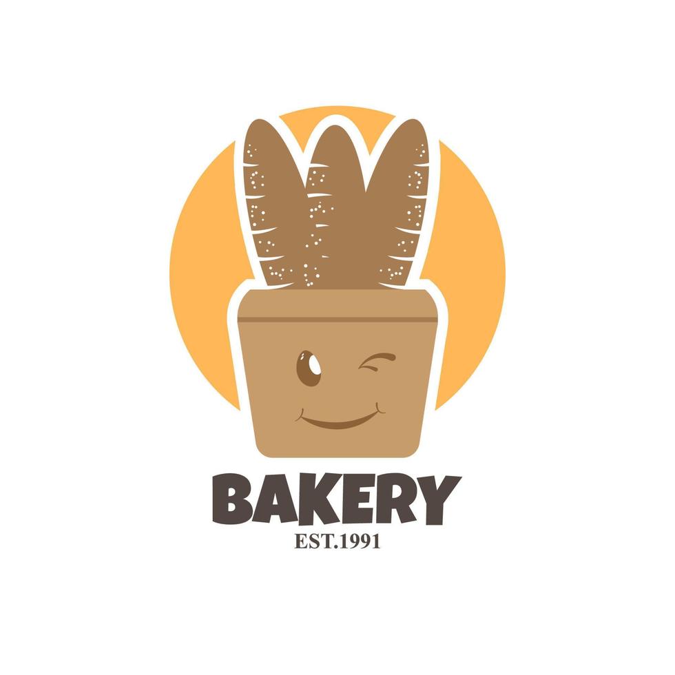 diseño de logotipo de panadería con un lindo icono de chef de personaje de sonrisa que lleva varios símbolos de bollos ilustración vector