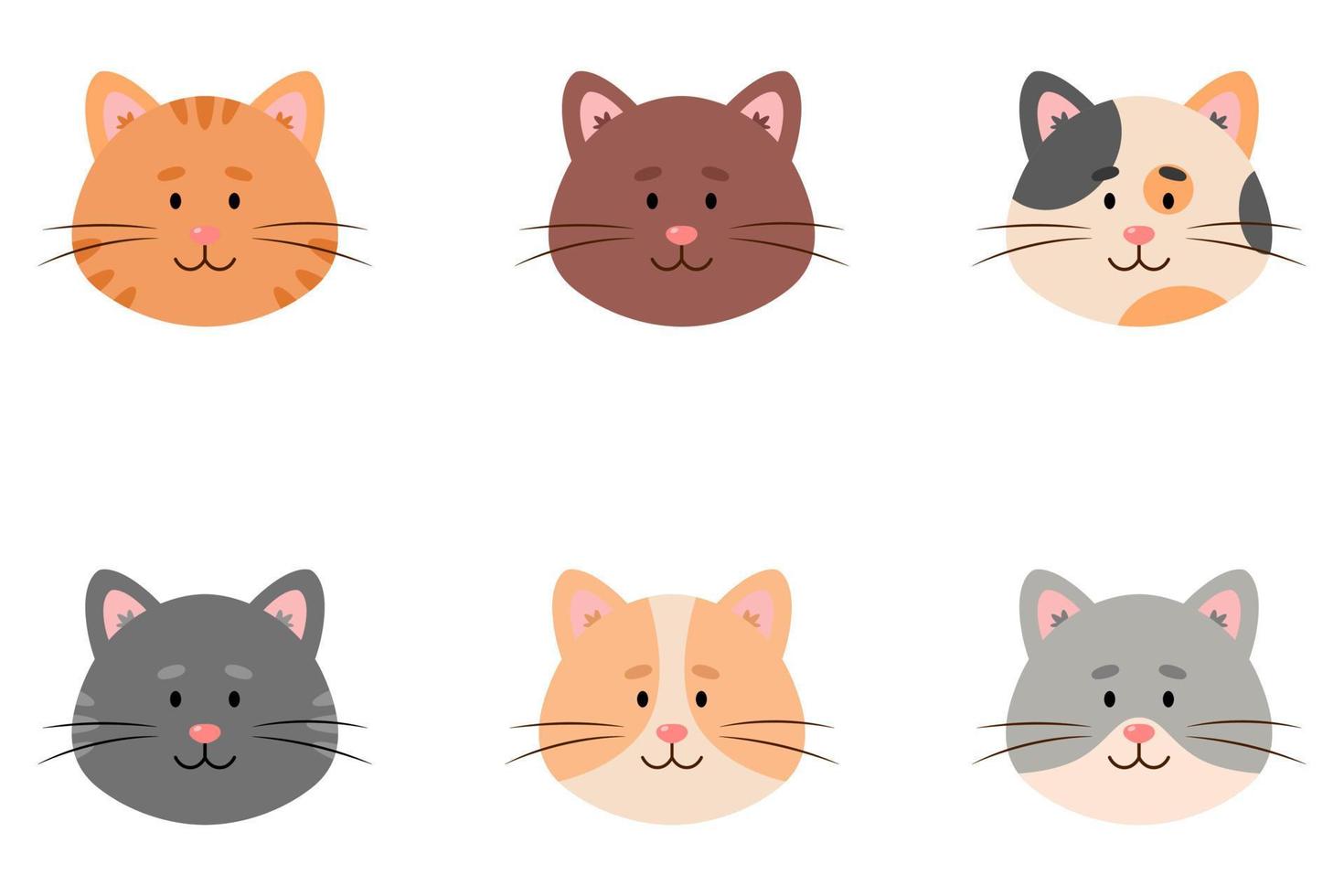 linda colección de caras de gatos, aislada sobre fondo blanco. carácter de cara de gatos. gatitos en estilo de dibujos animados. vector