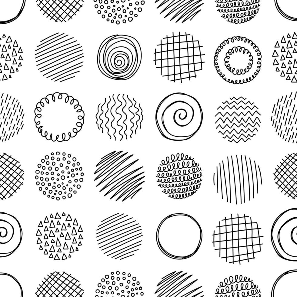Hand drawn circle line sketch seamless pattern. Abstract line black background vector