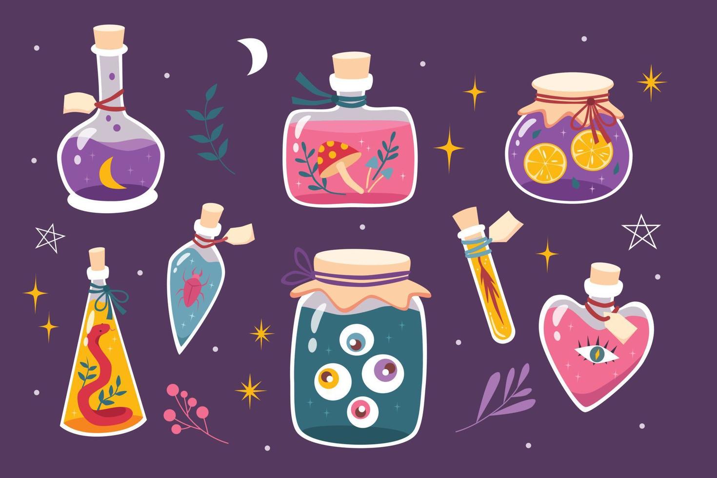 Set of colorful magic potions bottles vector
