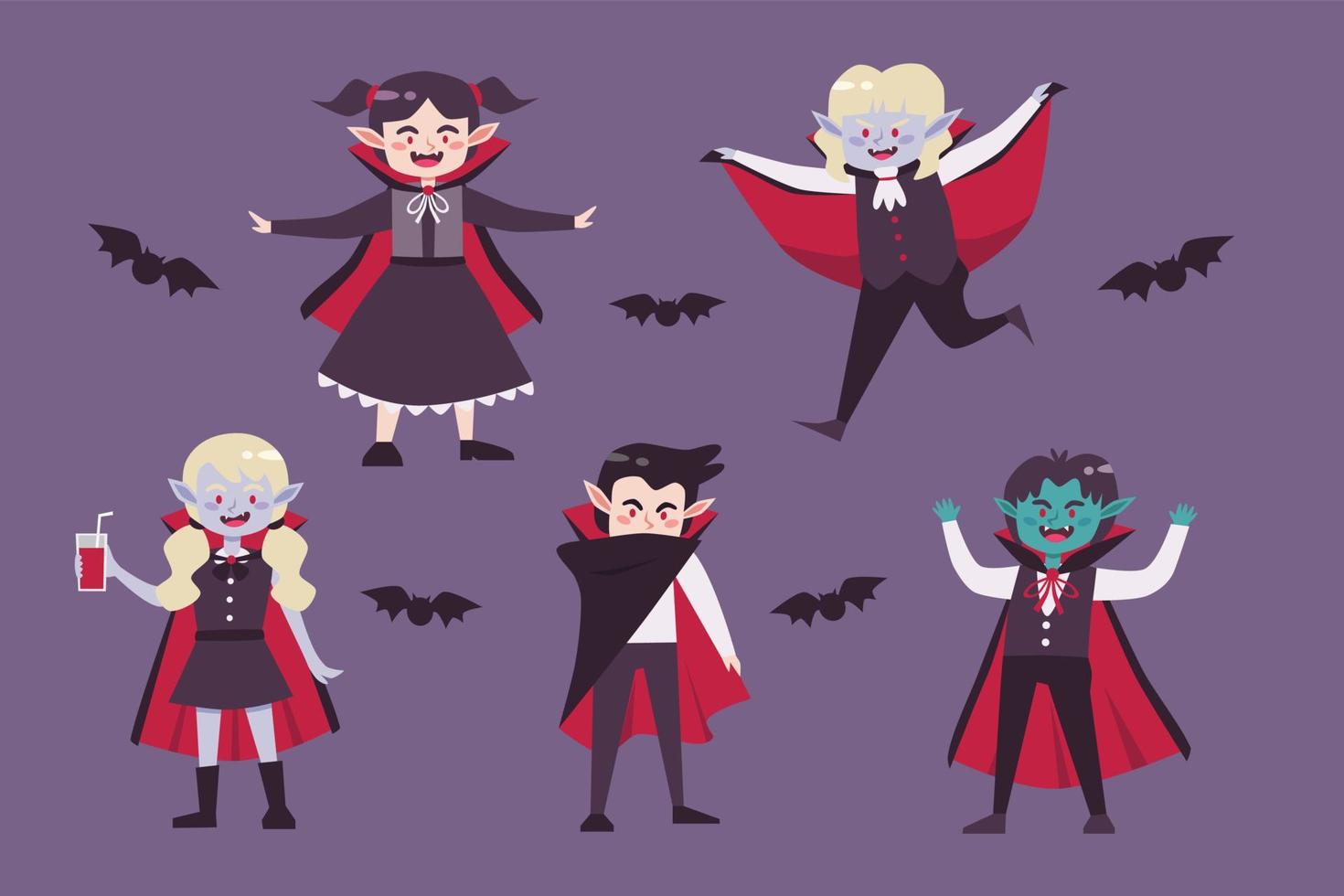 Set of kids in vampire or dracula costume vector