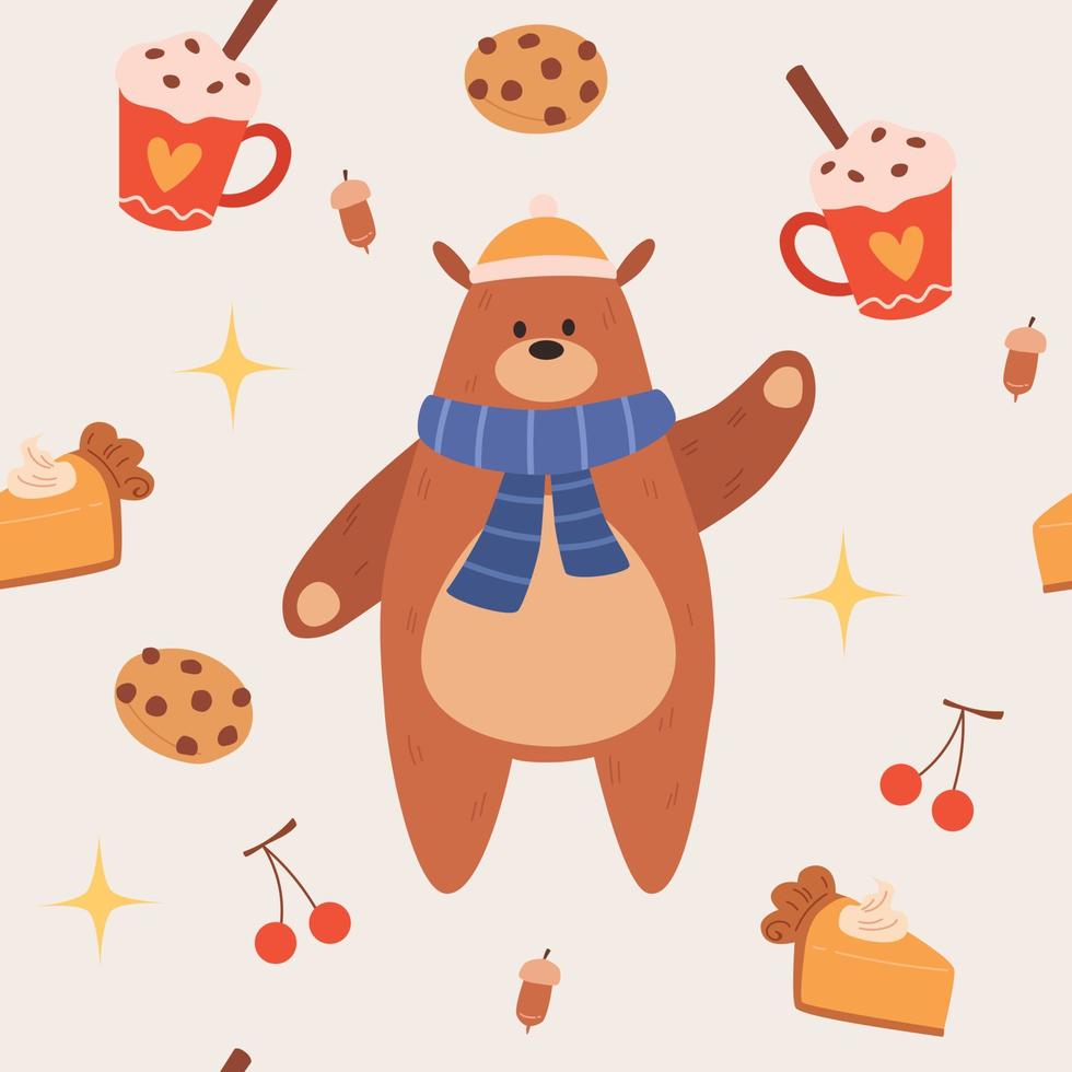 Cute bear and autumn delicious sweet seamless pattern vector