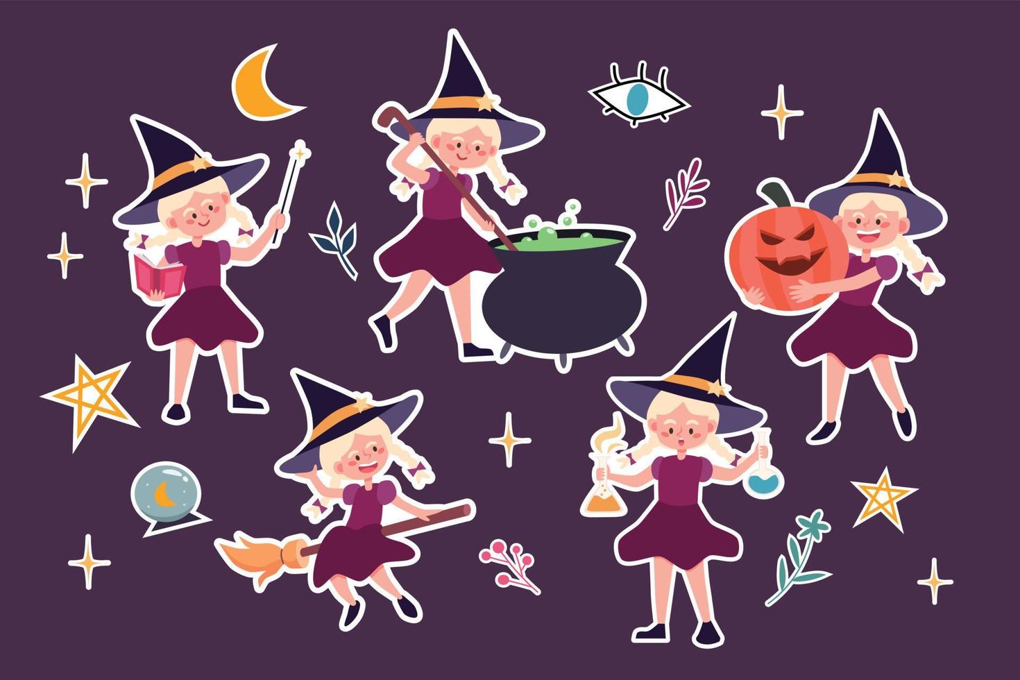 Cute witch stickers set vector