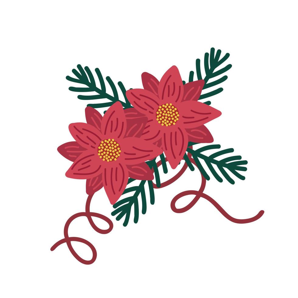 flor de poinsettia roja, ramas de la planta tradicional de vacaciones de invierno, ilustración vectorial simple, feliz navidad, feliz año nuevo decoración festiva estacional para tarjetas de felicitación, invitación, clipart, pegatina vector