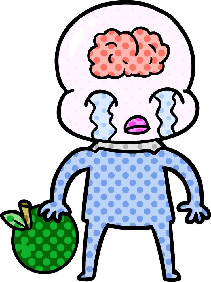 cartoon big brain alien with apple vector