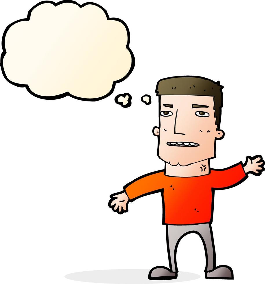 cartoon waving stressed man with thought bubble vector