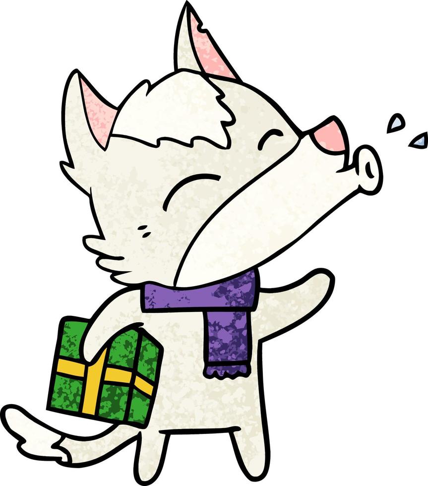 howling wolf with christmas present vector