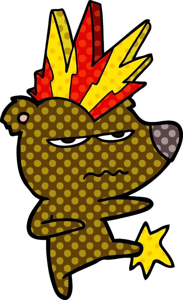 enojado, punk, oso, caricatura, patear vector